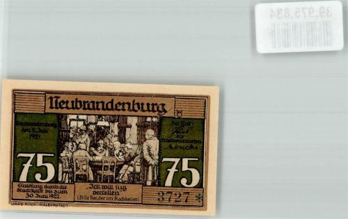 Neubrandenburg 1922 Einlösung Stadtkasse 75 Pfennig Fritz Reuter