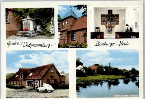 Wichmannsburg Ehrenmal, Kirche, Partie an der Ilmenau, Geschäft Kaufhaus E. Gimmler