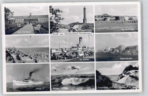 Norderney Kurhaus, Leuchtturm, Marienstraße, Kaiserstraße, Hafen, Strand, Schiff Frisia, Dünen, Pferde-Bus