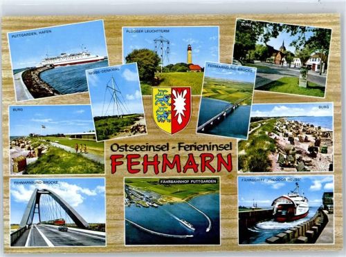 Fehmarn Fährbahnhof, Hafen Puttgarden, Burg, Strand, Flügger-Leuchtturm, Fehmarnsund-Brücke, Niobe-Denkmal, Fährschiff Theodor Heuss, Wappen