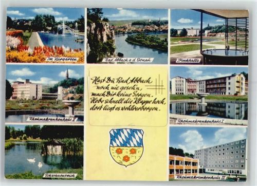 Bad Abbach Leporello, Im Kurgarten, Trinkhalle, Rheumakrankenhaus, Schwanenteich, Wappen