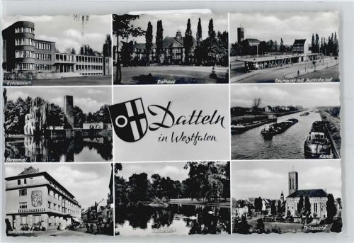 Datteln Rathaus, Gymnasium, Busbahnhof, Kirche, Kanal, Ehrenmal