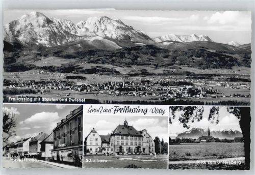 83395 W8228 Freilassing - Blick auf Staufen und Zwiesel, Hauptstraße, Schulhaus, Untersberg