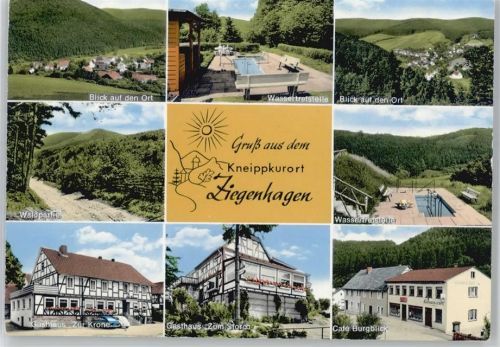 37213 W3430 Ziegenhagen , Kr Witzenhausen - Teilansicht, Gesamtansicht, Wassertretstelle, Waldpartie, Gasthaus Zur Krone, Gasthaus Zum Storch, Cafe Burgblick