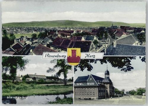 Vienenburg Blick auf die Burg, Wappen, Goslarer Straße mit Rathaus