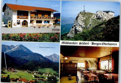 83355 W8221 Bergen , Oberbay - Kirche, Ortsansicht, Gaststätte und Pension Mühlwinkler Stüberl