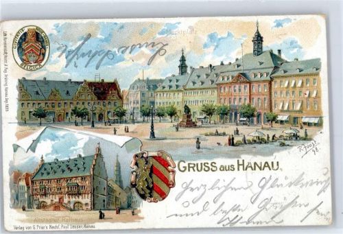 63450 W6450 Hanau 1899 Lithographie Rathaus Marktplatz Wappen