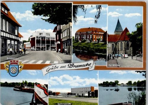 49565 W4550 Bramsche , Hase - Ev. Kirche Rathaus Hafen Gymnasium