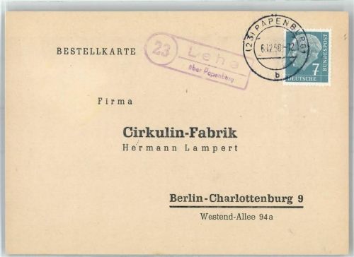 Lehe Landpoststempel Bestellkarte Cirkulin-Fabrik Hermann Lampert