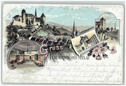 08499 O9803 Mylau 1895 Lithographie Kaiserschloss Zwinger Schlosshof