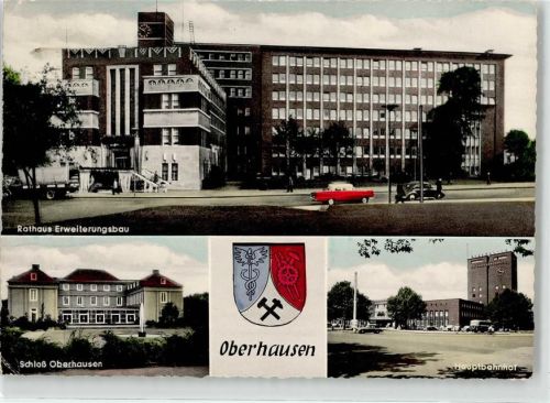 46045 W4200 Oberhausen , Rheinl - Schloss Hauptbahnhof Rathaus Erweiterungsbau Sonderstempel 100 Jahre