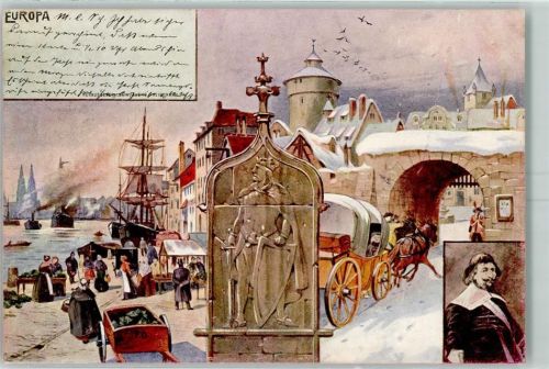 1901 Europa Handel Postkutsche Hafen sign. P.O. Verlag Ludwig Fuchs Kulturgeschichte