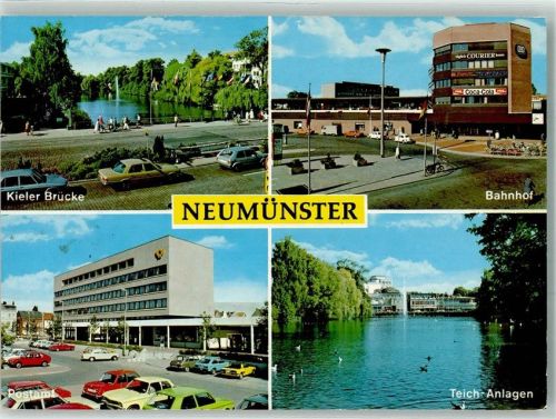 Neumünster Kieler Brücke Bahnhof Postamt Teich Anlagen Auto Springbrunnen Fahne Schwarz Rot Gold Uhr