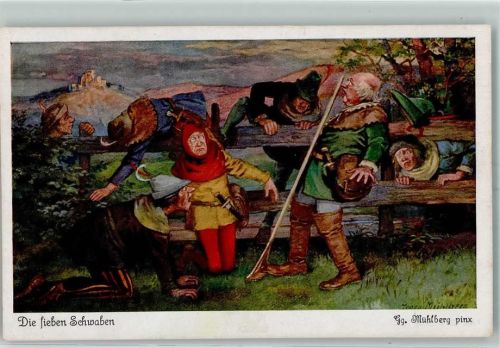 Die sieben Schwaben Zaun Rechen Nacht Messer sign. Gg. Mühlberg Serie 268 No.4536