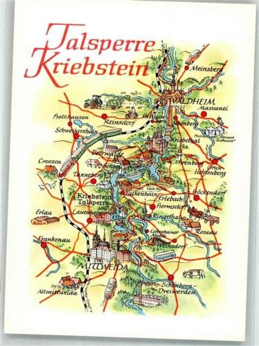 Kriebstein sign. Hoppe Stilisierte Landkarte mit sehenswürdigkeiten der Gegend um die Talsperre Kriebstein VEB Bild und Heimat
