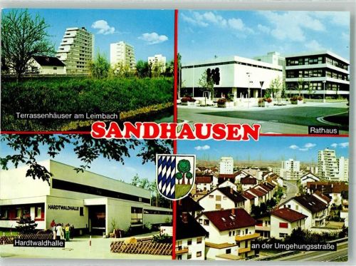 69207 W6902 Sandhausen , Baden Foto AK Terrassenhäuser am Leimbach Rathaus Hardtwaldhalle Umgehungsstraße