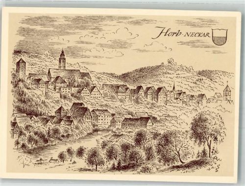 Horb sign. Schäfer-Grohe, Ludwig Panorama des Ortes mit Stiftskirche Heilig Kreuz Württembergische Städtebilder