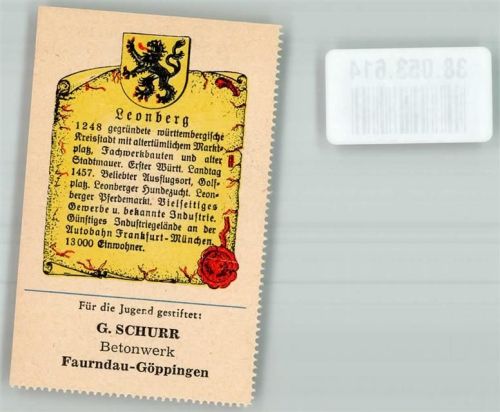 Leonberg Wappensammelmarke mit Chronik Nr. 297 Deutscher Heimatdienst Betonwerke Schurr