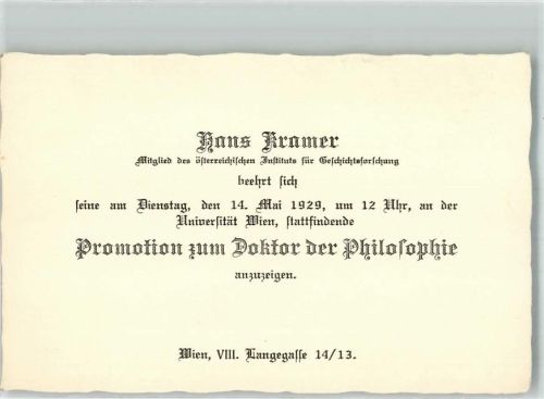 1080 Wien 8. Bezirk, Josefstadt 1929 - Hans Kramer Promotion zum Doktor der Philosophie