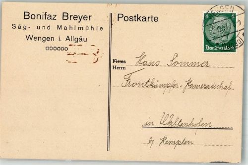 Wengen 1937 Firmenschreiben Bonifaz Breyer Säg- und Mahlmühle