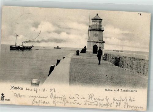 Emden 1902 Mole mit Leuchtturm Raddampfer Verlag Glückstadt & Münden