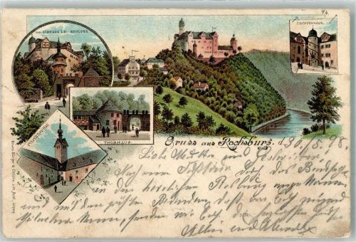 Rochsburg 1898 Schloss Treppenhaus Torhaus Pulverturm Lithographie