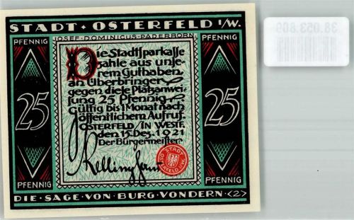 46045 W4200 Osterfeld 1921 Notgeldschein Gutschein über 25 Pfennig Sage von Burg Vondern