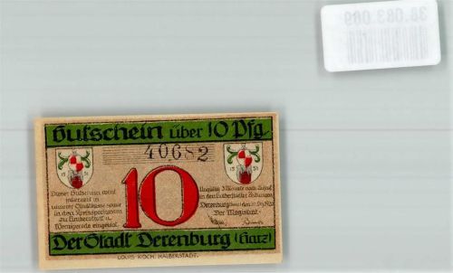 Derenburg 1920 Gutschein über 10 Pfennig Eyrstein Harzberge