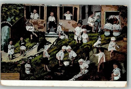1907 Kleine Kinder in der Ferienkolonie auf diversen Nachttöpfen Humor