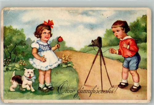 Estnischer Junge fotografiert ein Mädchen mit Hund zum Geburtstag Künstlerkarte