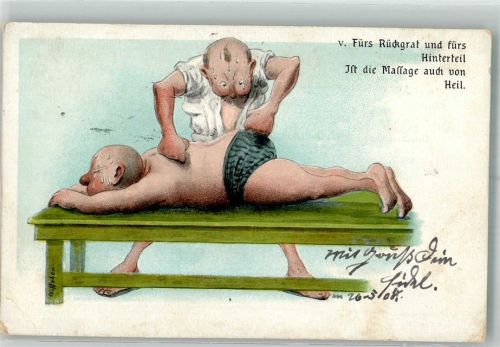 1904 sign. Huber Schwitzender Mann bei einer schmerzhaften Massage Humor Künstlerkarte