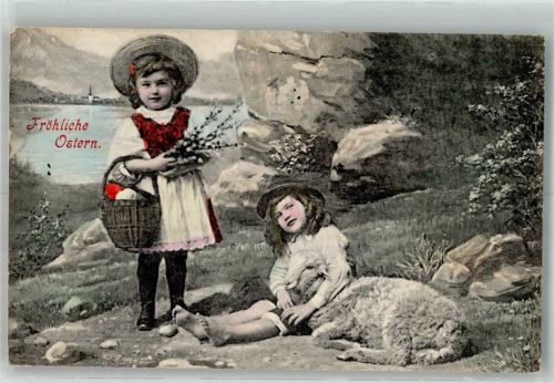 1910 Zwei Mädchen mit einem Schaf Ostern Maschinenstempel