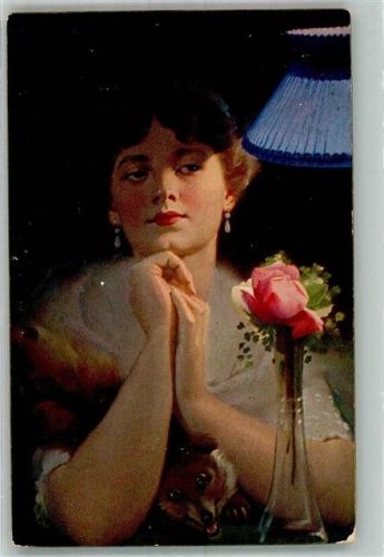 1912 Junge Frau mit roter Rose und einem Fuchsfell