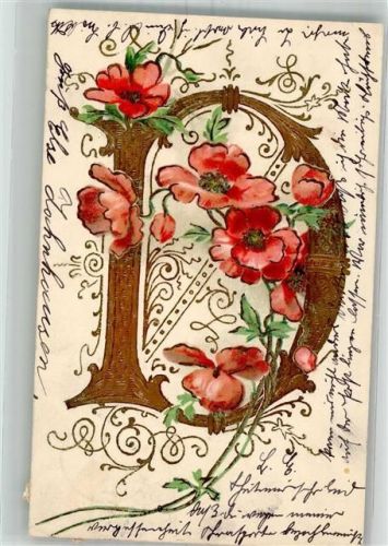 1904 Mohnblumen umranken den Buchstaben D Golddruck Jugendstil