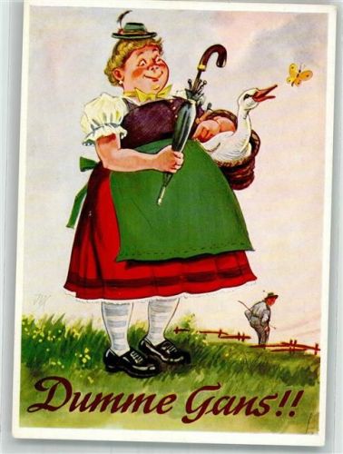 Dicke Frau in Tracht mit einer Gans die nach einem Schmetterling schnappt Humor