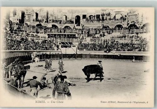 Nimes Stier bringt in der Arena einen Torero mit Pferd zu Fall