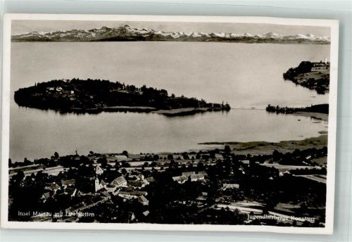 Insel Mainau Fliegeraufnahme der Insel mit Litzelstetten und Alpenpanorama