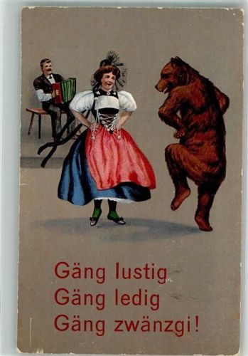Frau in Schweizer Tracht tanzt mit einem Bären Künstlerkarte Edition Photoglob 2769