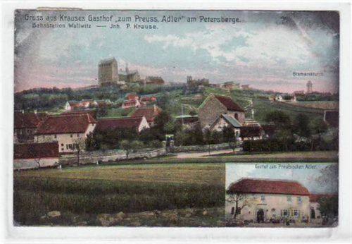 Krauses Gasthof zum Preuss. Adler, Bahnstation Wallwitz.Bismarckturm gelaufen von 1910. Oxydationsspuren an den Rändern, Ecken mit Albumabdrücken, leichte Abschüfungen an den Ecken, sonst gut erhalten.