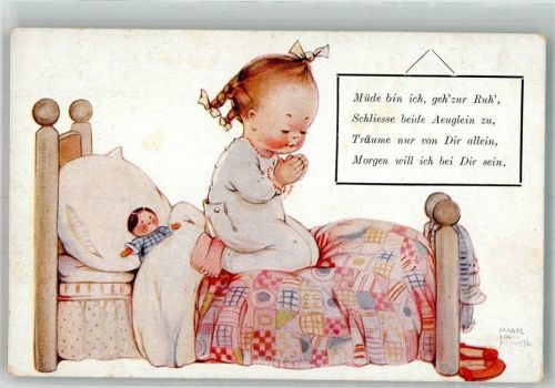 Betendes Kind mit Puppe im Bettchen Primus Verlag Wohlgemuth & Lissner No. 2527