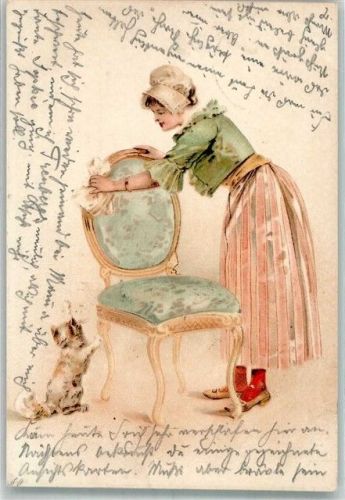 1899 Junge Frau mit Katze putzt die Stühle Adelskorrespondenz