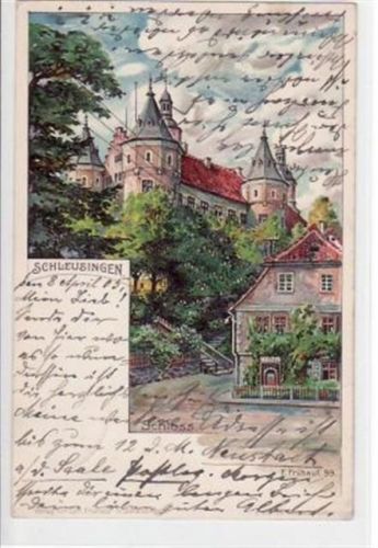 Schleusingen Lithographie Schleusingen mit Schloss gelaufen und Bahnpoststempel von 1905, Zug Nr. 866. Leichter Stempeldurchdruck, sonst gut erhalten.