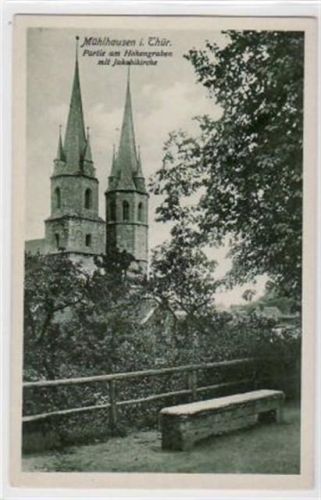 Mühlhausen Mühlhausen mit Partie am Hohengraben und Jakobikirche. ungelaufen handschriftliches Datum von 1924. Leichter Bug oben links, sonst gut erhalten.
