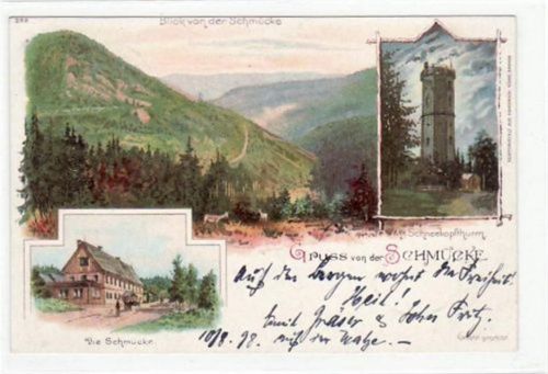 Lithographie Gruß von der Schmücke mit Schneekopfthurm, Blick von der Schmücke und Partie an der Schmücke gelaufen von 1898. Gute Erhaltung.