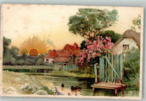 Bauernhaus an einem Gewässer in Sommerlandschaft Sonnenschein-Postkarte Serie IV Nr. 99115