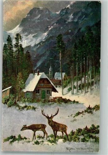 Rehe vor einsamen kleinen Dorf im Hochgebirge Jagdtiere Winter Verlag Rehn & Linzen No. 1671