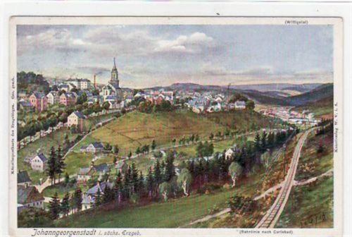 Johanngeorgenstadt Johanngeorgenstadt mit Gesamtansicht und Bahnlinie n. Carlsbad gelaufen von ca. 1906. Gute Erhaltung.