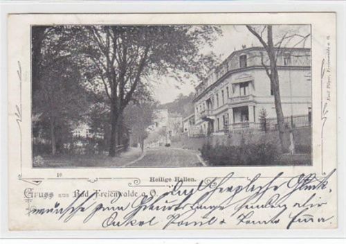 Bad Freienwalde Gruss aus Bad Freienwalde. Heilige Hallen gelaufen 1900. Leichte Abdrücke an den Ecke n vom Album. Rückseite leicht fleckig, sonst gut erhalten