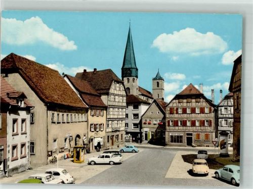 Münnerstadt Marktplatz mit Kirche St. Maria Magdalena Mercedes VW Käfer Telefonzelle