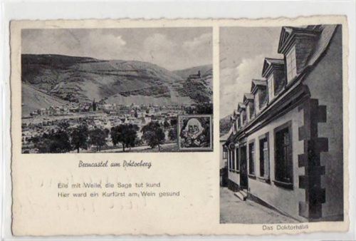 Bernkastel-Kues Berncastel - Kues und Doktorhaus gelaufen, Marke entfernt. Leichter Schrift- und Stempeldurchdruck, leichter Bug oben links, sonst gut erhalten